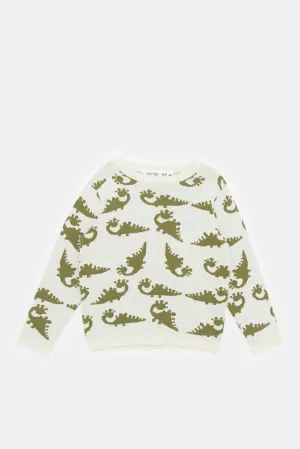Infant Boys Ecru And Green Printed Dino Pullover