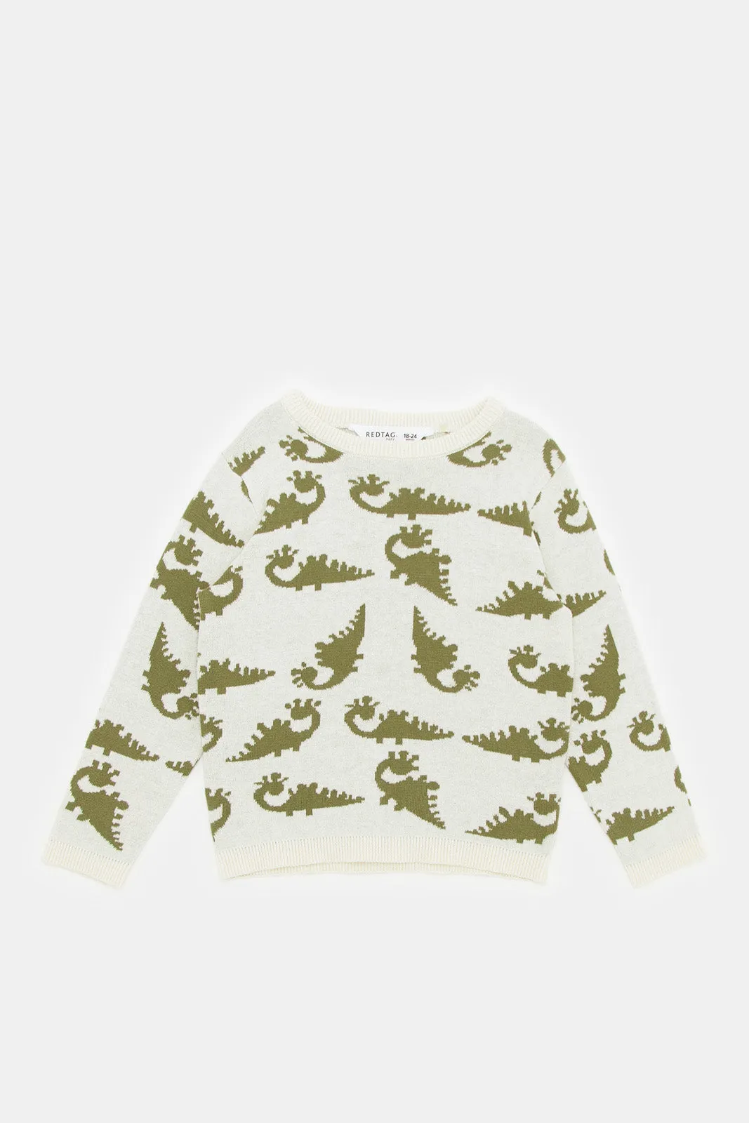 Infant Boys Ecru And Green Printed Dino Pullover
