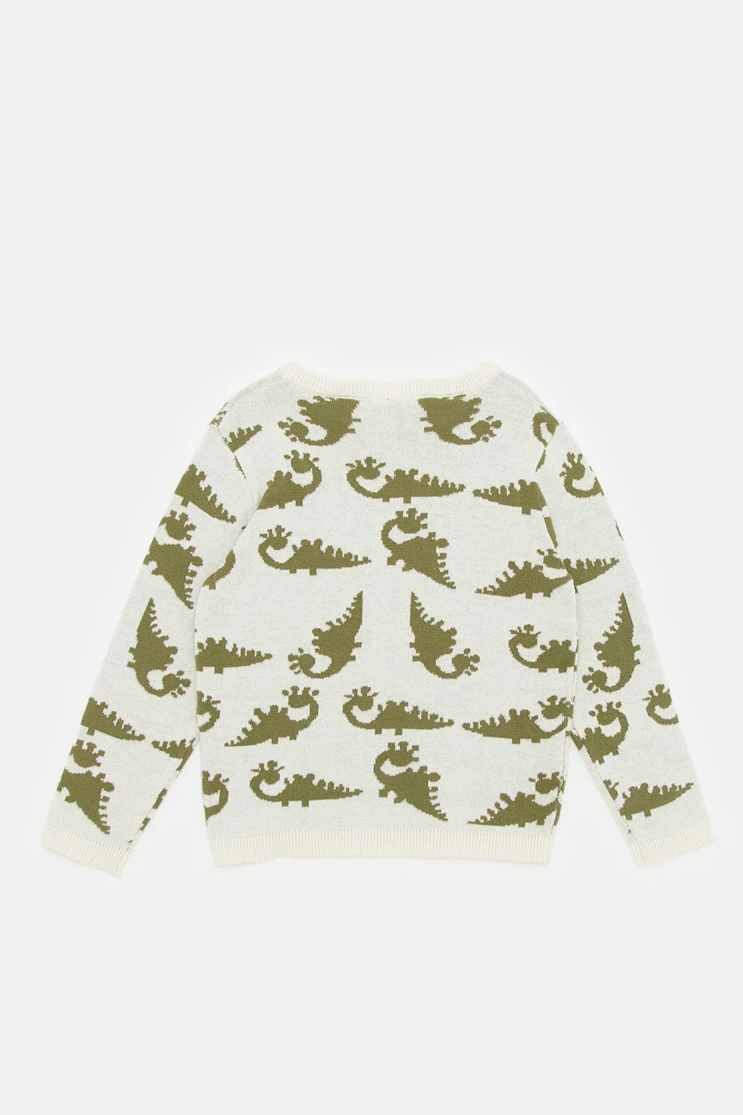 Infant Boys Ecru And Green Printed Dino Pullover
