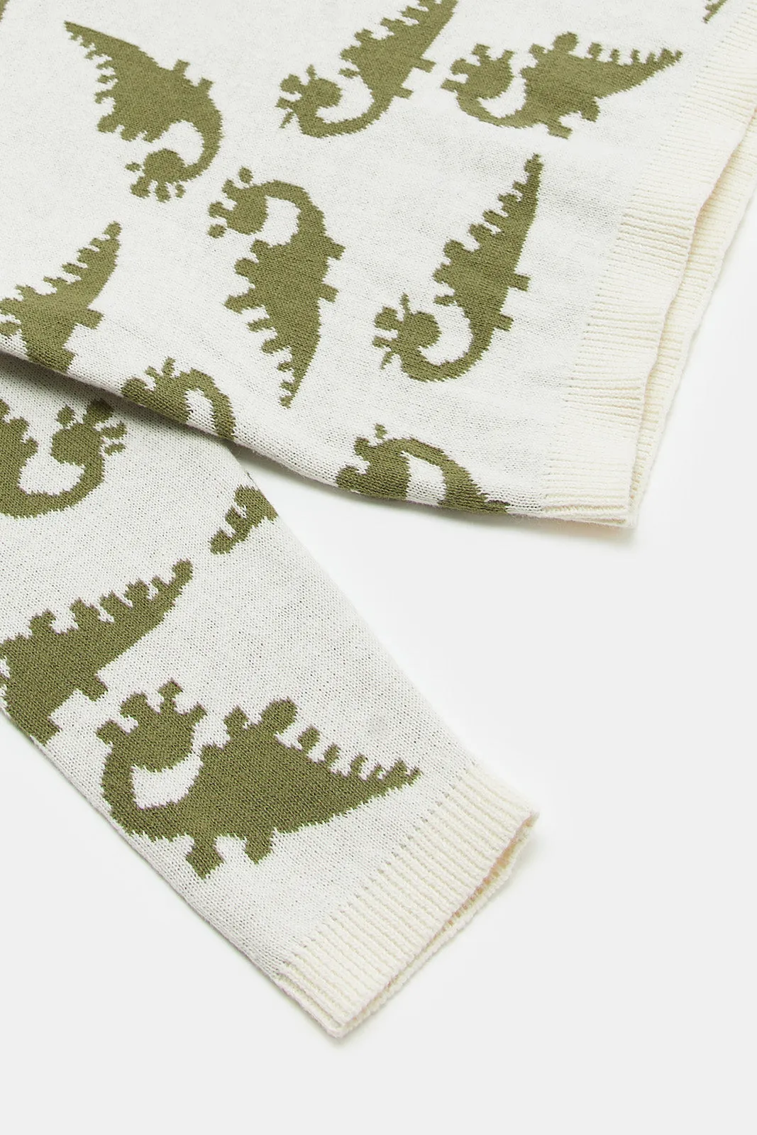 Infant Boys Ecru And Green Printed Dino Pullover
