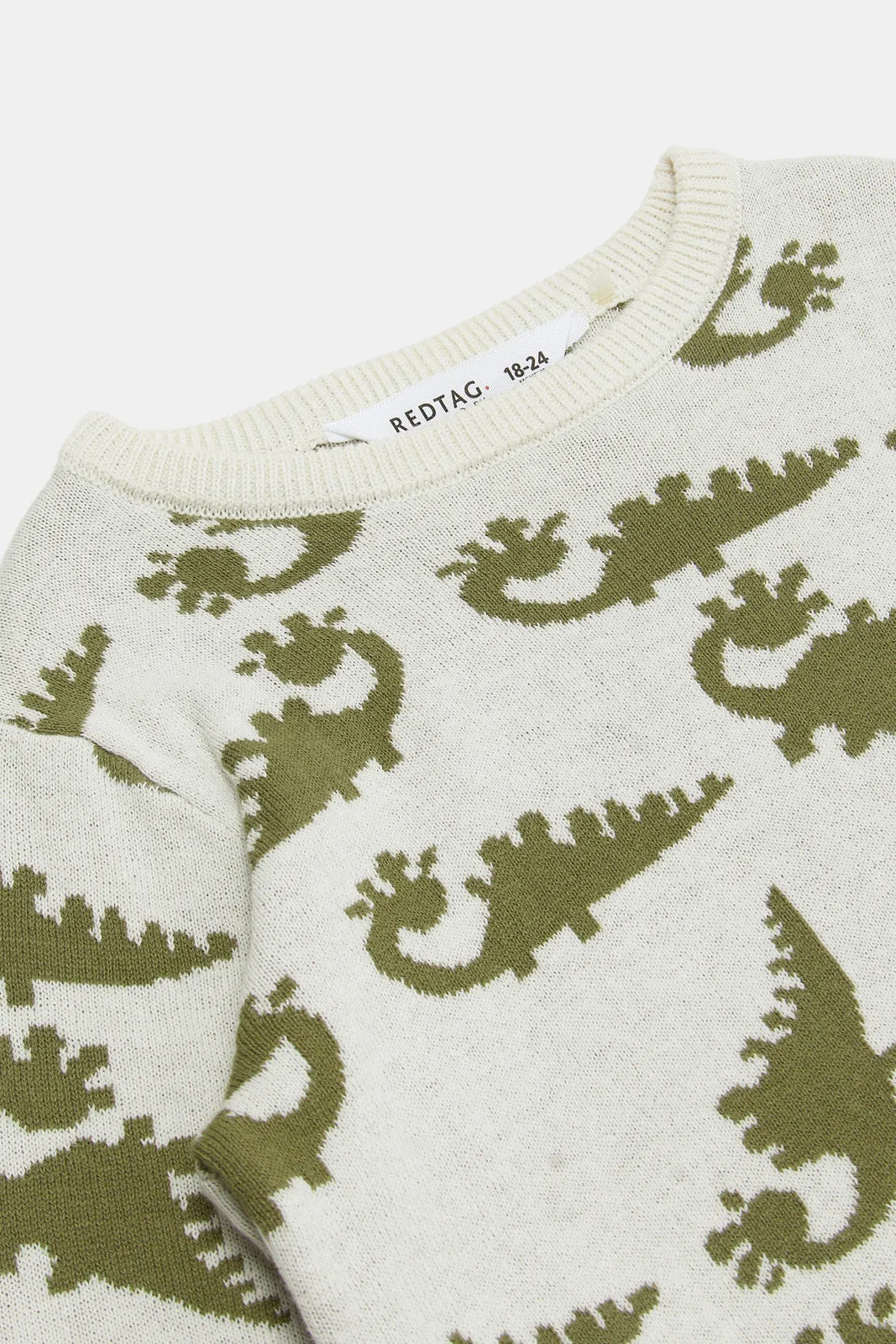 Infant Boys Ecru And Green Printed Dino Pullover