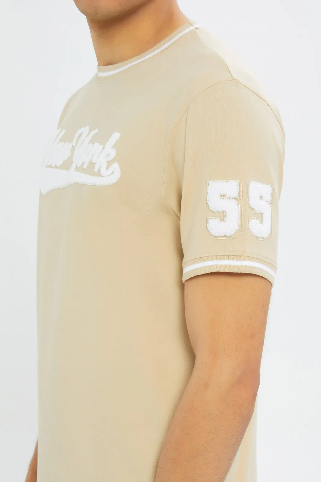 Men Beige T-Shirt With Applique