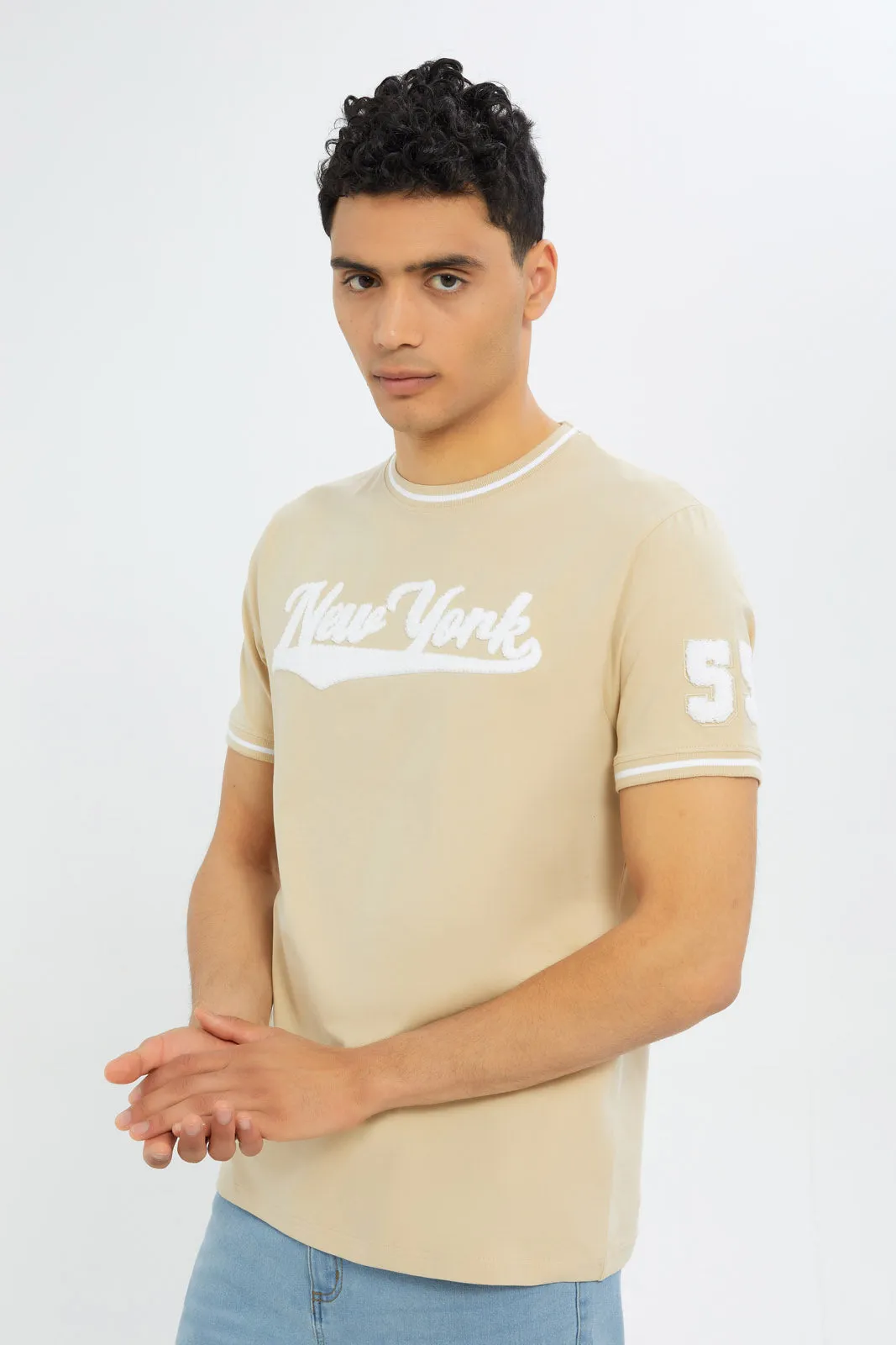 Men Beige T-Shirt With Applique