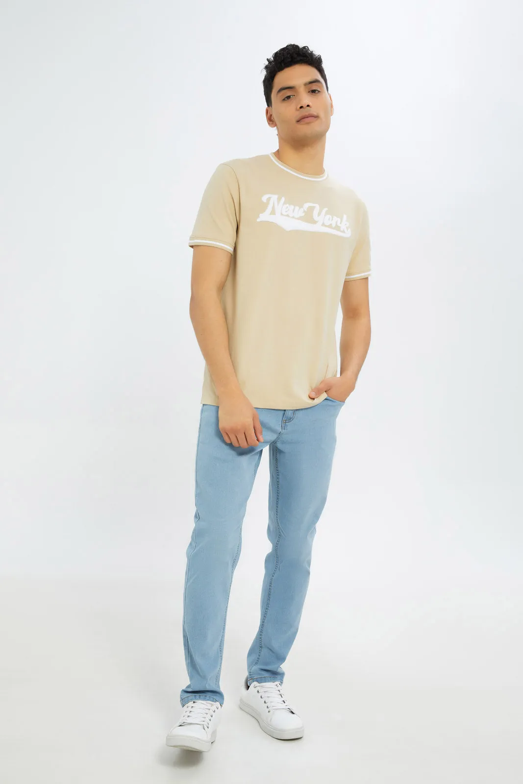 Men Beige T-Shirt With Applique