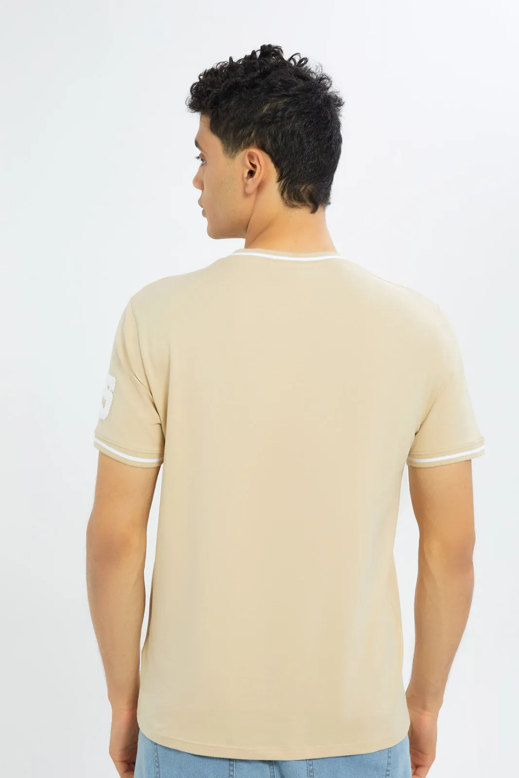 Men Beige T-Shirt With Applique