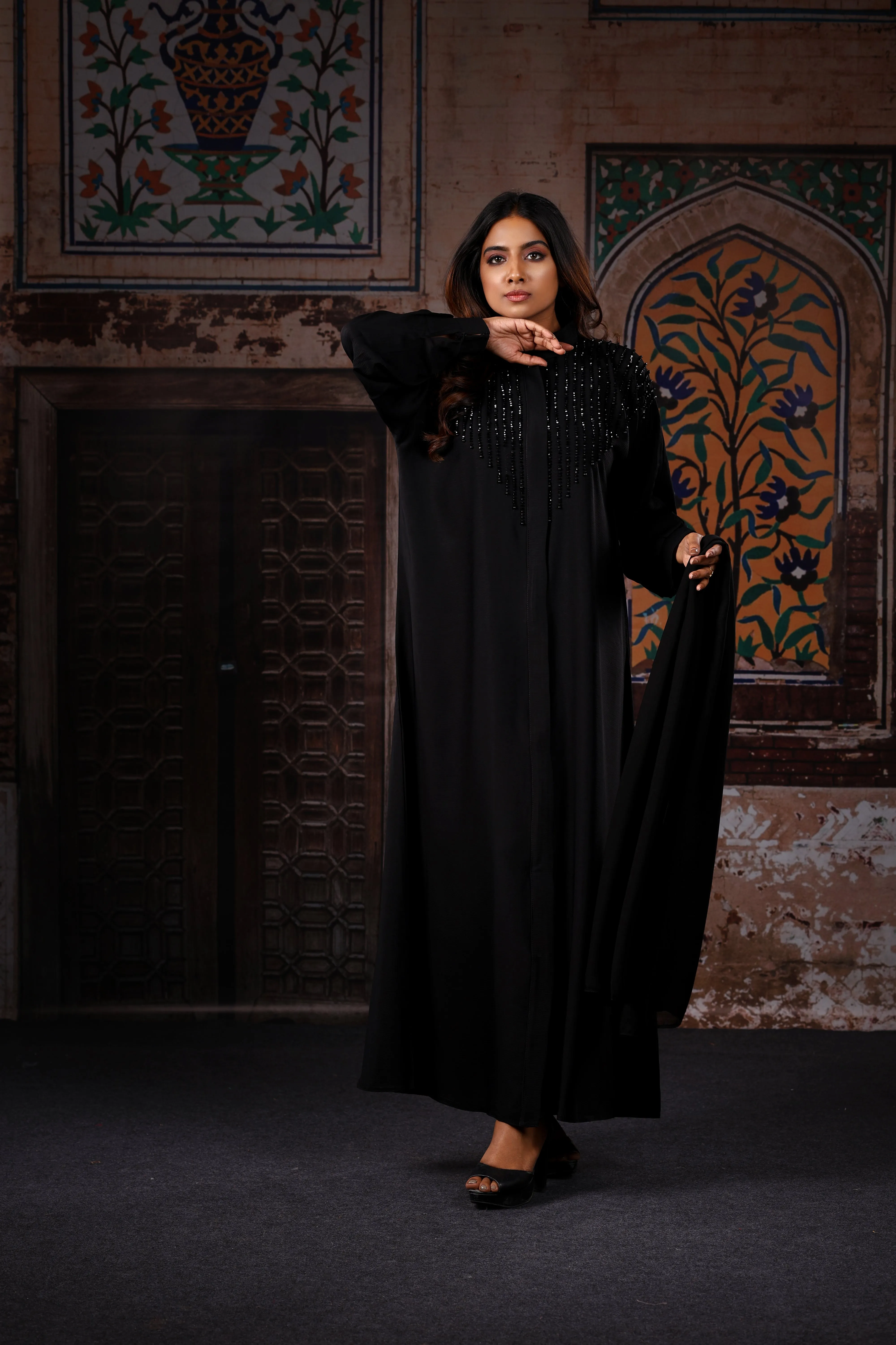 Sawdah Black Luxury Abaya with Black Beads Beautiful Design