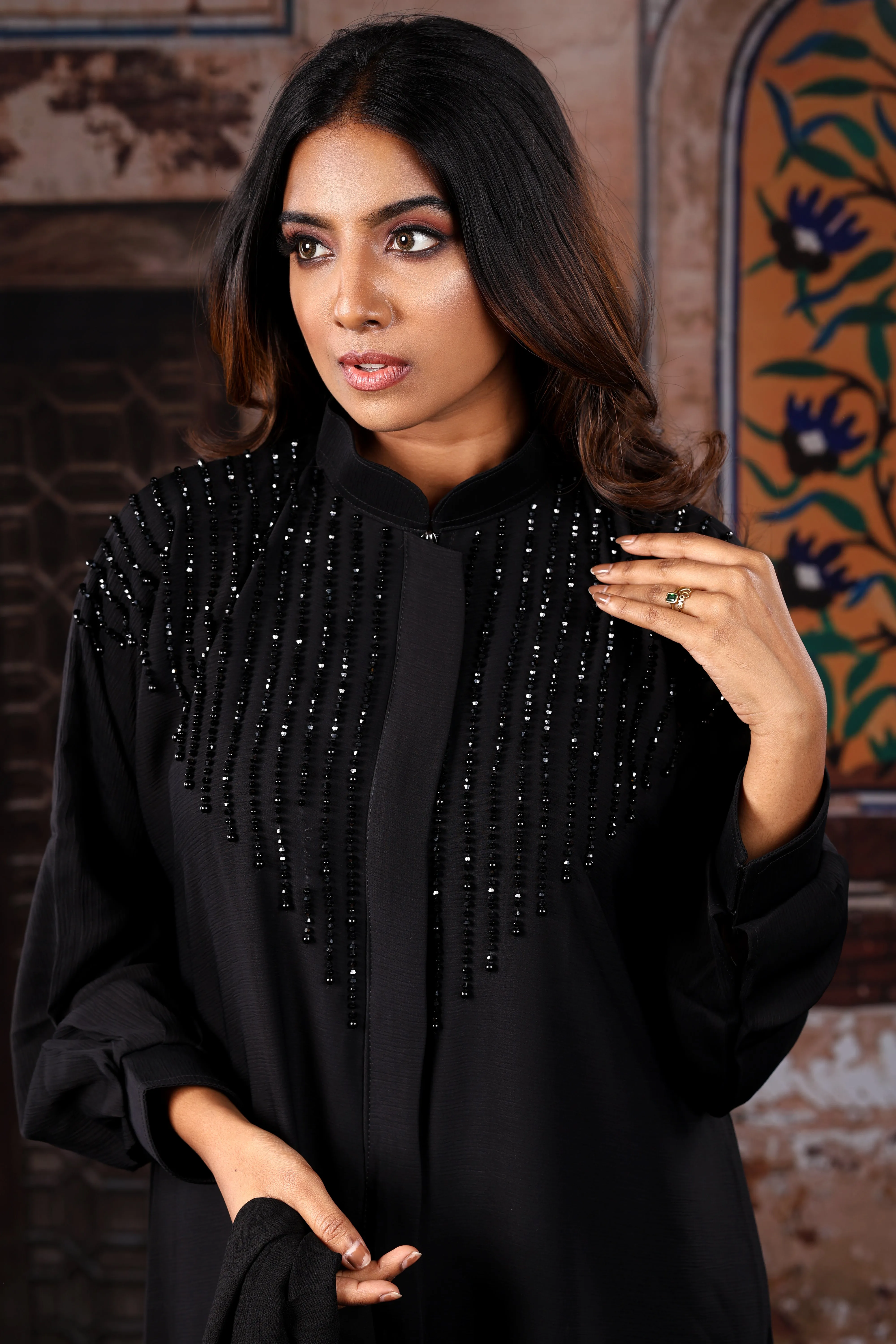 Sawdah Black Luxury Abaya with Black Beads Beautiful Design