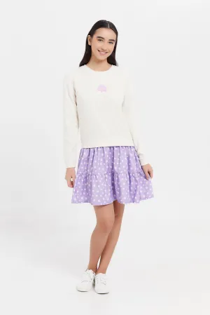 Senior Girls Cream And Purple Printed Dress
