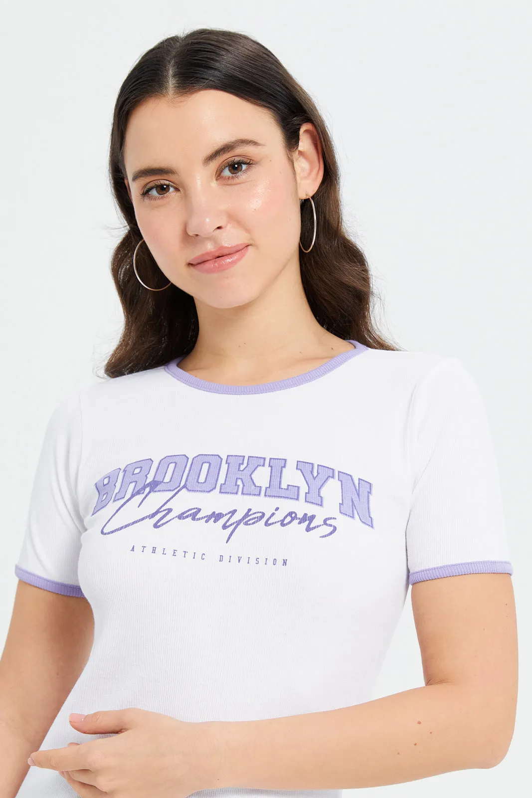 Women White Rib Printeed T-Shirt