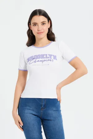 Women White Rib Printeed T-Shirt